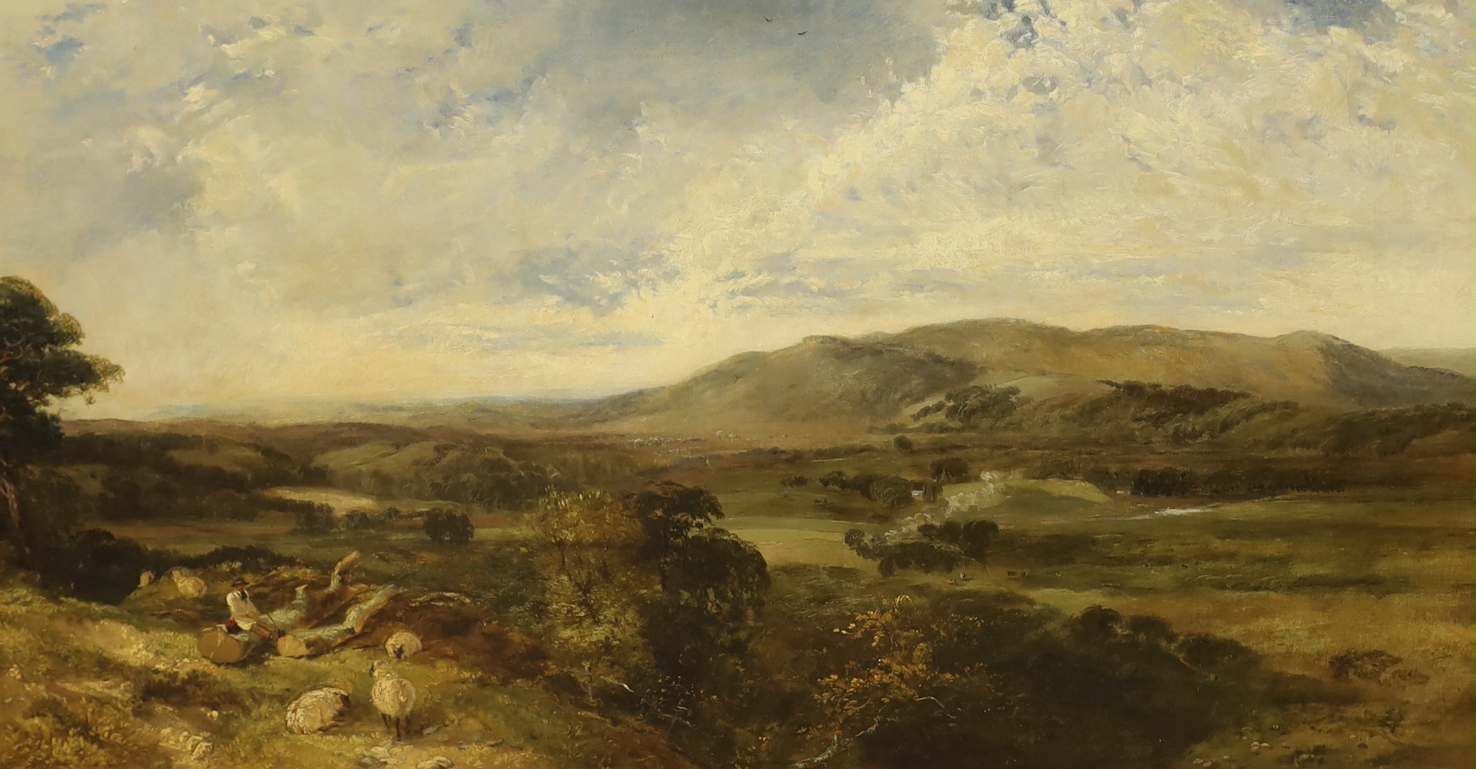 Victorian School, oil on canvas, Landscape with shepherd and sheep, 49 x 90cm, ornate gilt frame